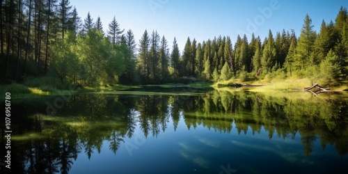 Serene forest lake reflecting trees under clear blue sky background