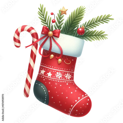 A cheerful red Christmas stocking filled with holly leaves and berries, illustrated for use in festive holiday designs.
