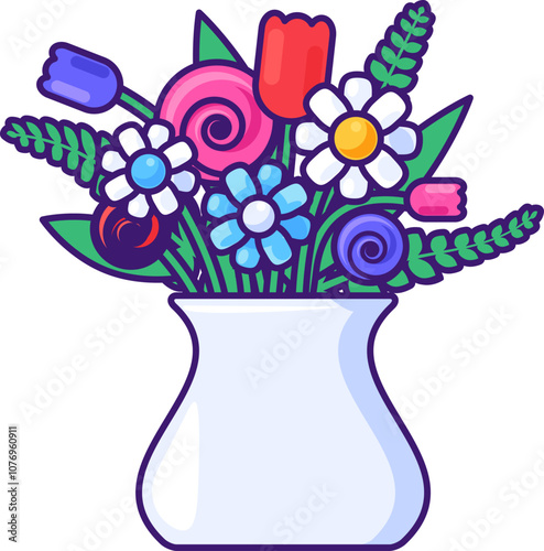 Vector graphic illustration of fascinating bouquet in a vase in vibrant outline cartoon style. Springtime or summertime decoration. Delightful mix of flowers and green leaves. Present for various occa