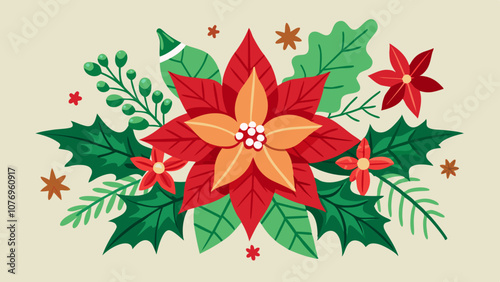 A colorful flower arrangement with a red poinsettia in the center