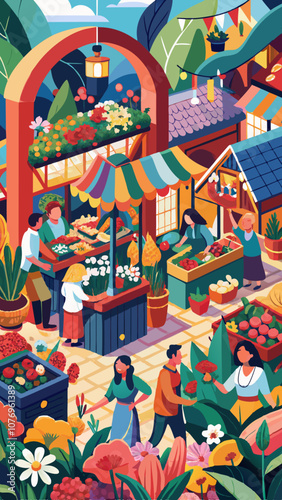 A colorful painting of a market scene with people shopping