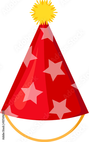 Holiday red cone shaped cap decorated with star pattern with yellow fluffy pompom. Festive weekend festive children headdress for cartoon vector illustration isolated on white background photo