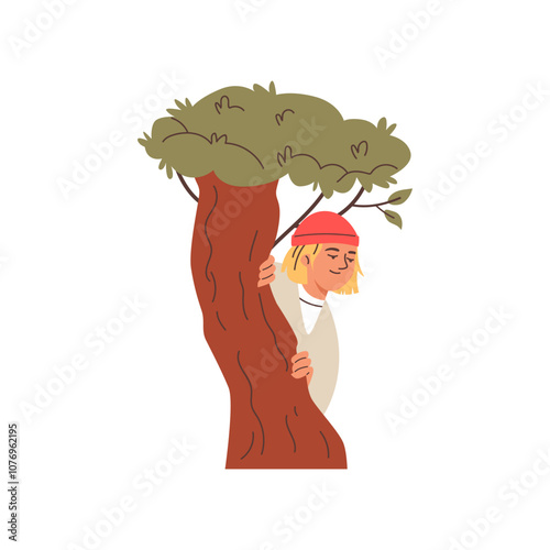 Man looks out, watches and hides behind a tree.