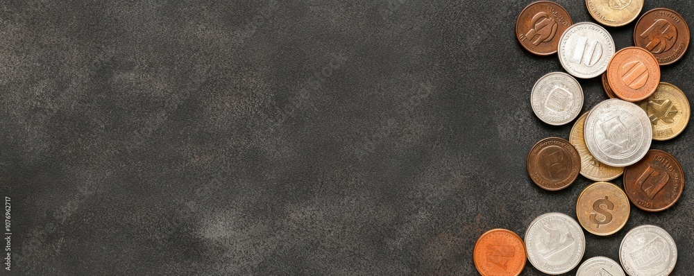An assortment of coins scattered on a dark surface, creating a visually appealing contrast with the background. An assortment of coins scattered on a dark surface, creating a visually appealing contrast with the background.