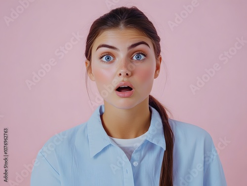 Young shocked surprised amazed excited woman wearing blue shirt white t-shirt casual clothes look aside on area area isolated on plain pastel light pink background studio portrait photo