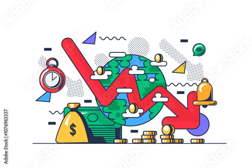 Graph of falling asset prices and coming global recession. Inflation and depreciation of purchasing power of money. Conceptual contrast vector illustration isolated on white background