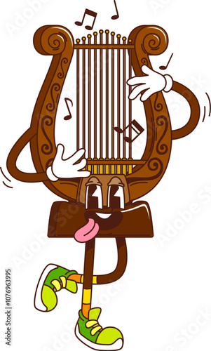 Cartoon lira groovy musical instrument character. Isolated vector lyra plucked personage playing classic or folk music. Traditional Greek harp expressing positive retro vibes with sticking tongue