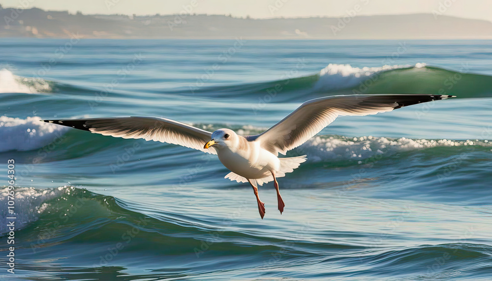 Naklejka premium Seagull soars above waves as the sun sets over the ocean's horizon