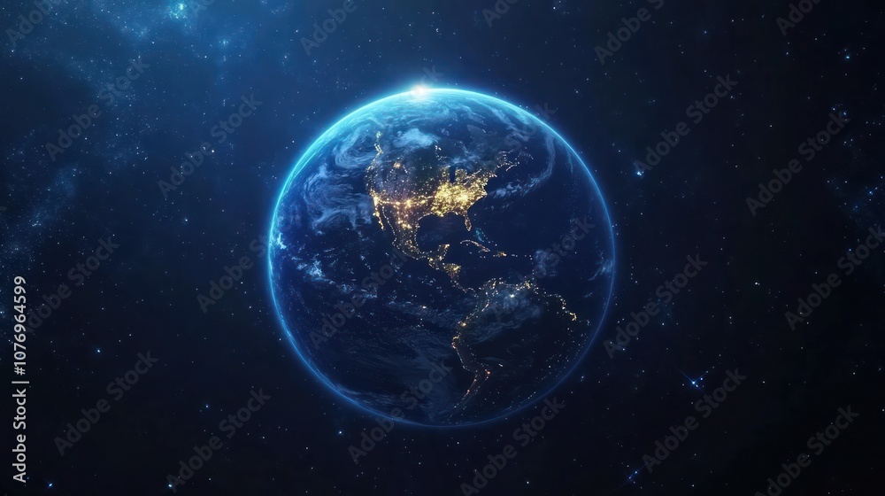 Fototapeta premium A stunning view of Earth from space, showcasing illuminated continents against a starry backdrop.