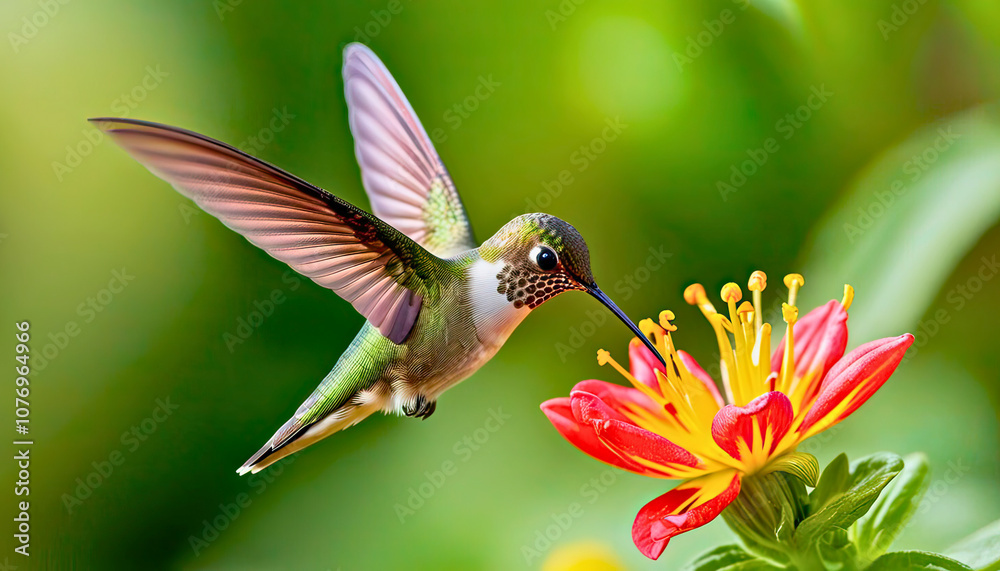 Fototapeta premium Hummingbird delicately pollinates vibrant flower in lush natural habitat
