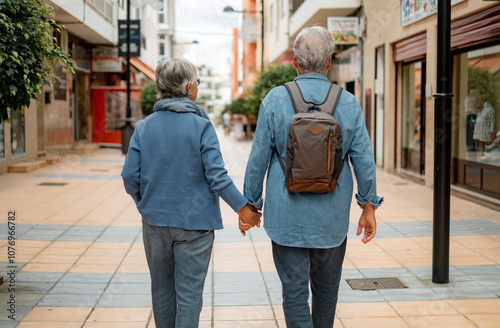 Back view of senior couple of tourist walking in the city hand in hand. White haired caucasian people enjoying free time or retirement #1076966782