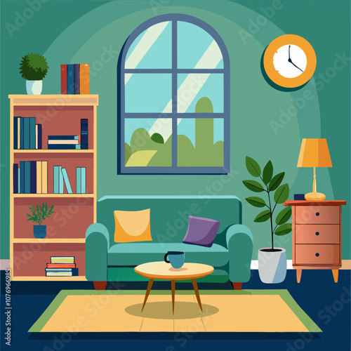 Living room interior with a sofa and bookshelf