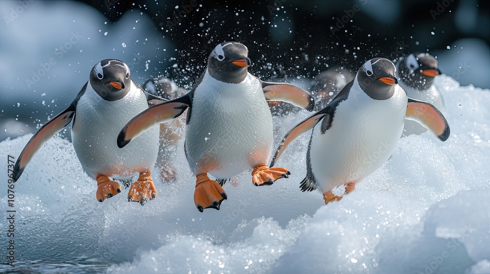 Fototapeta premium A group of gentoo penguins jumps off an iceberg into the freezing Antarctic waters