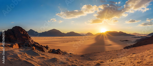 Sunset over a desert landscape with mountains in the distance.