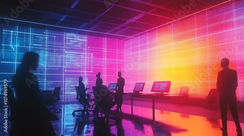 Silhouettes of People Working in a Neon-Lit Tech Office