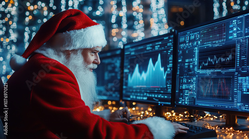 Santa Claus Working with Data and Charts in Digital Workspace
