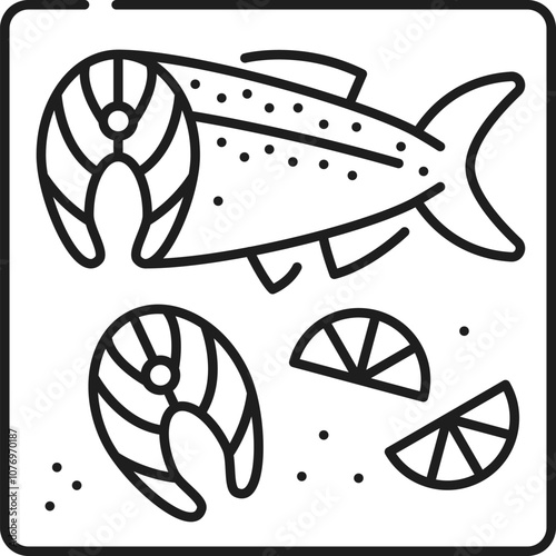 Salmon fish meat preparation thin line icon. Salmon or tuna raw meat line pictogram, seafood product or ocean fish cooking culinary ingredient thin line vector icon with fish steak on cutting board