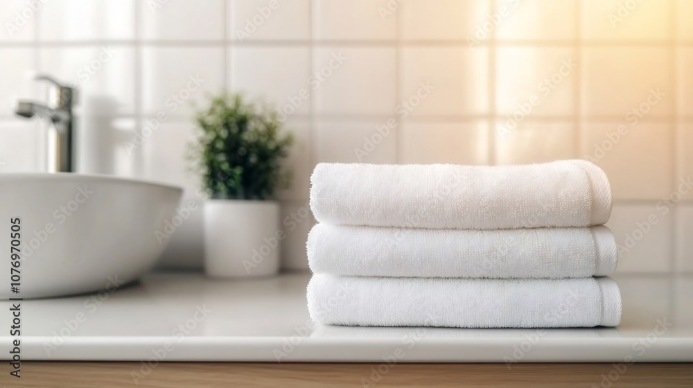 Sparkling White Towels Folded on Sink with Soothing Sunbeam Highlight