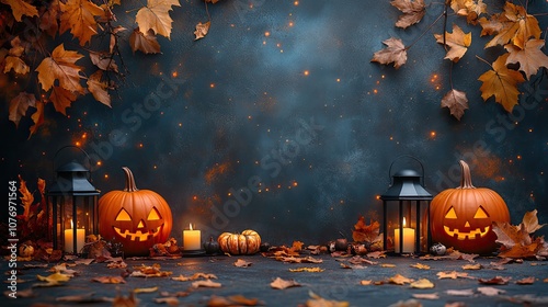 A Halloween-themed table with pumpkins, lanterns, and autumn leaves, providing space for text or design photo