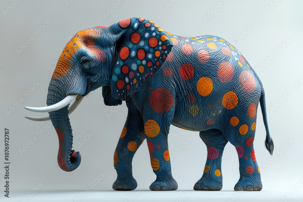 Fototapeta premium A colorful, dotted sculpture of an elephant, showcasing vibrant patterns and a playful design, set against a plain background.
