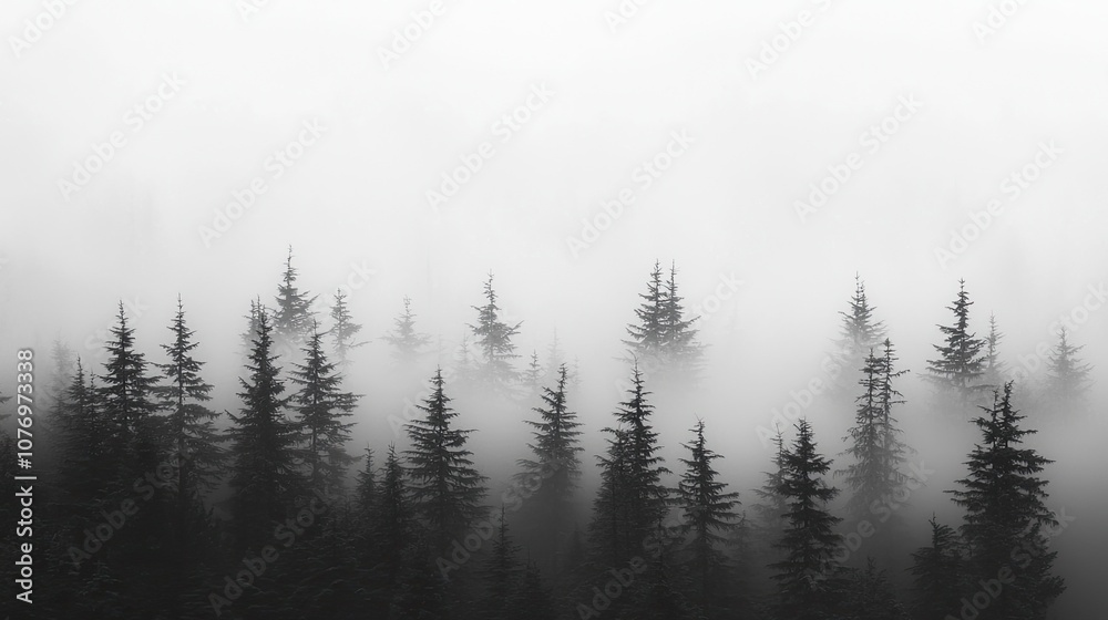 Fototapeta premium Misty forest scene with silhouettes of trees emerging from dense fog, creating a serene atmosphere.