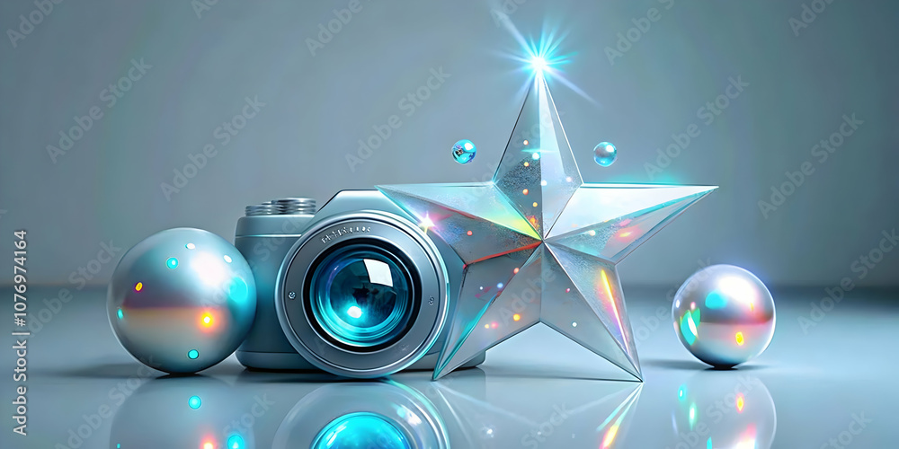 Fototapeta premium Glossy Holographic Background with Holographic Camels Stars Representing Reyes Magos Dynamic Camera Tilt Ideal for Advertising Banners Magazine Covers Copy Space Concept in Photo Stock