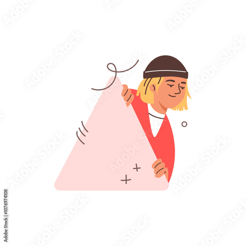 Vector illustration of a young guy watching someone, peeking out from behind a rectangular shape.