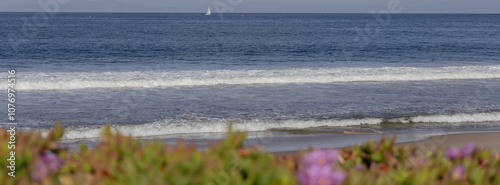 Panorama of monterey california beach with a sailboat in the distance 