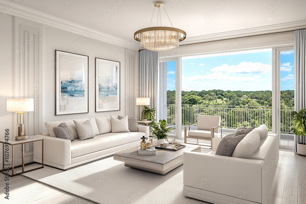 Fototapeta premium Bright Living Room with Modern Furniture, Sunlit Windows, and Indoor Plants for Stylish Home Decor and Interior Inspiration