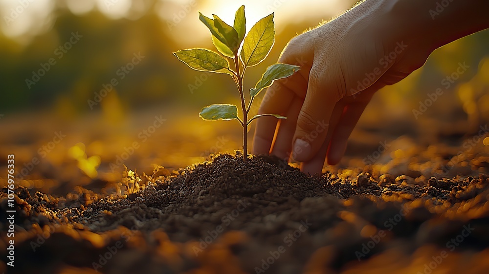 Fototapeta premium A hand plants a tree on dry, cracked earth, symbolizing the power of nature to reverse climate damage and create a greener future