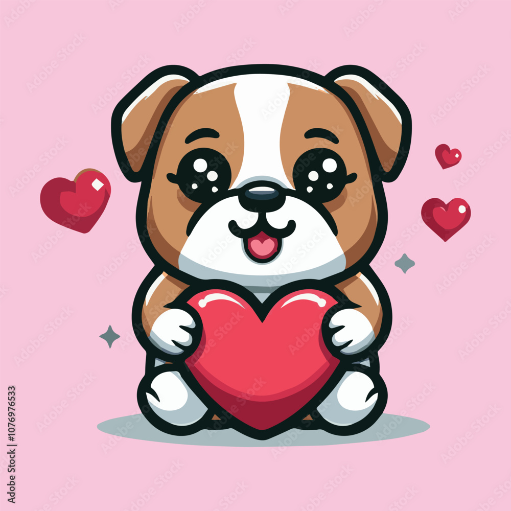 Obraz premium Cute Bulldog Cartoon Holding Heart Vector Icon Illustration