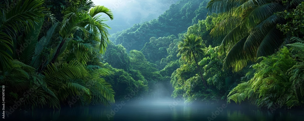 Fototapeta premium Atmospheric rainforest environment, misty river and verdant foliage, idyllic scenery