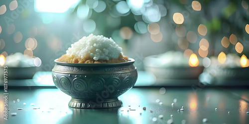 Macro Shot Traditional Pongal Sweets Sakkarai Pongal Sweet Rice Textures Vibrant Colors Realistic Environment Copy Space Stock Photo Concept for Food Photography and Cultural Celebrations photo