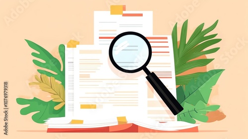 Document analysis with magnifying glass among leaves, pastel background.