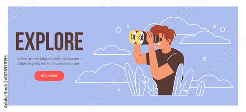 Man looking through binoculars, peeking out of bushes doodle style, vector Explore landing page template design