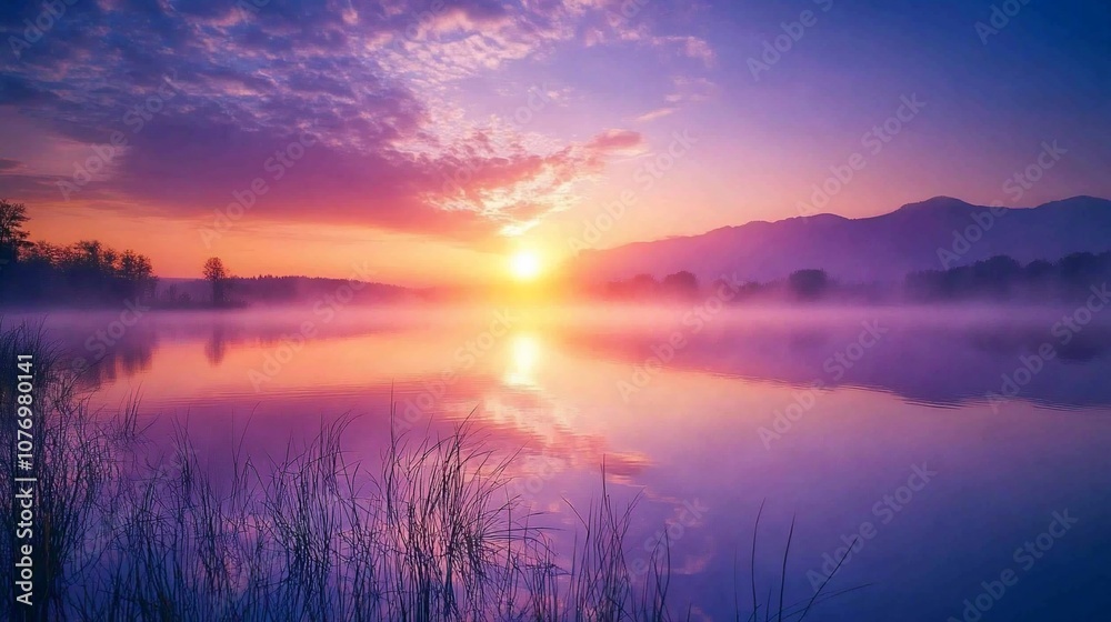 Obraz premium A vibrant sunrise casts a warm glow over a misty lake, illuminating the silhouette of distant mountains.
