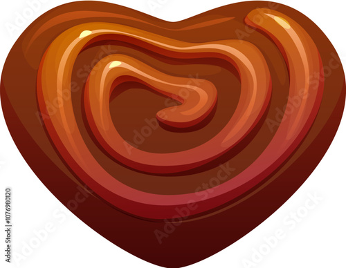 Valentine chocolate heart for love candy confectionery sweets, vector dessert icon. Valentine day holiday heart shape chocolate confection with nougat or caramel syrup for romantic or wedding dessert