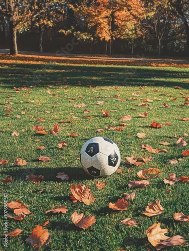 A solitary soccer ball rests on a lush green grass field with a few scattered autumn leaves, conveying a sense of female player's recent presence. photo