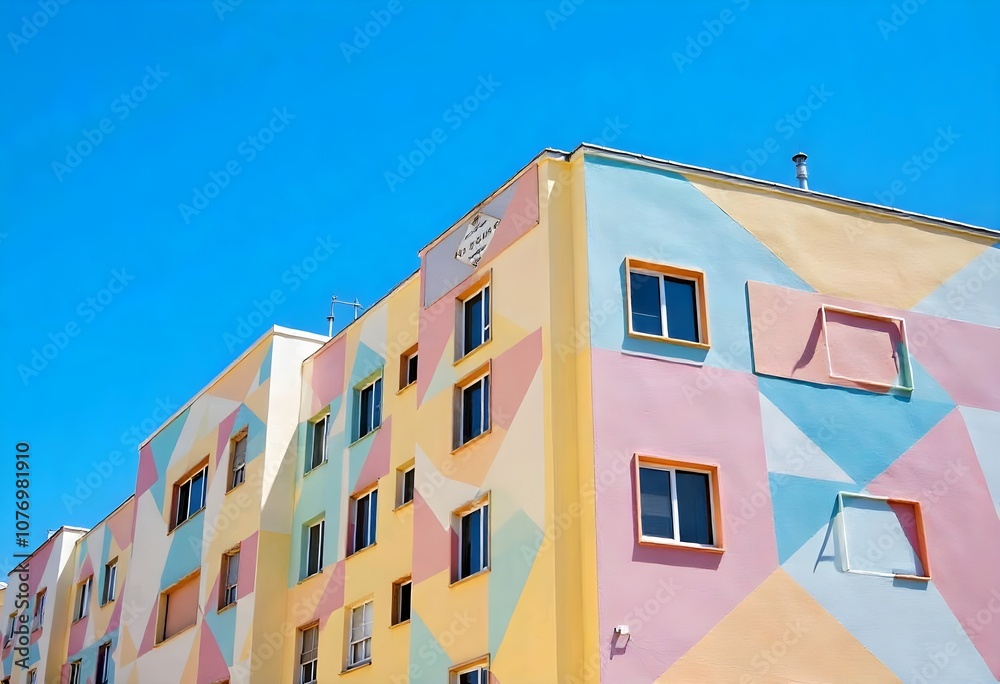 Fototapeta premium A building's exterior is adorned with colorful geometric shapes against a blue sky.