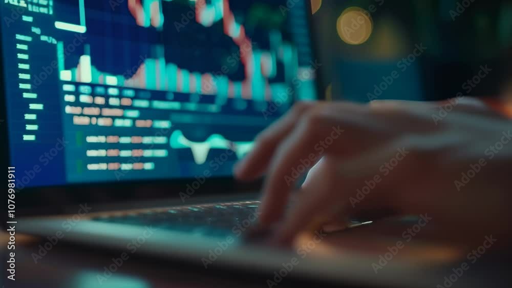 Close up of hand typing on laptop keyboard analyzing cryptocurrency bitcoin price chart, monitoring market fluctuations in evening Close up of hand typing on laptop keyboard analyzing cryptocurrency bitcoin price chart, monitoring market fluctuations in evening