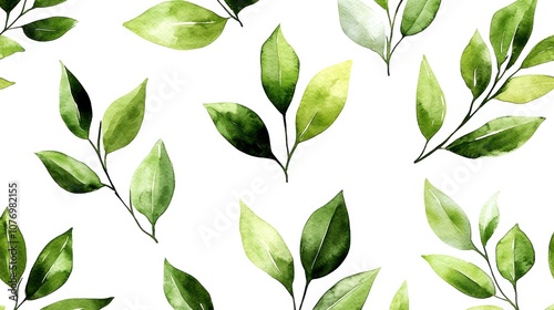 A collection of hand-painted green leaves on a white background, ideal for botanical designs and artistic projects.