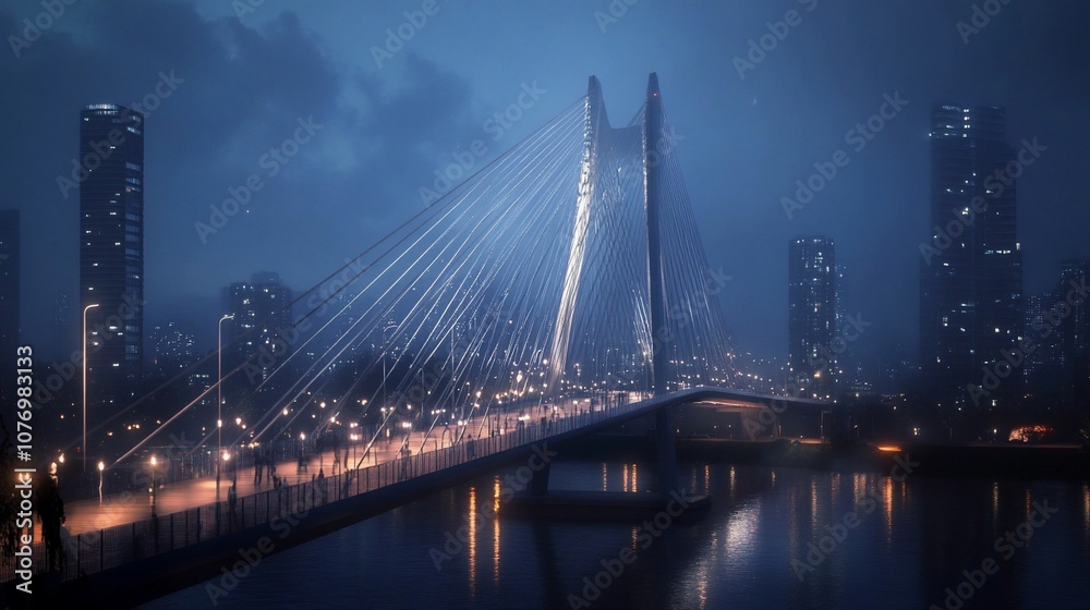 Fototapeta premium A modern bridge with people walking across it at night with a cityscape in the background.