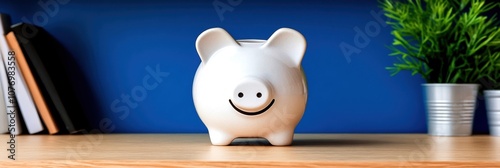 A cheerful white piggy bank on a wooden desk with a blue wall background, representing savings and financial growth. photo