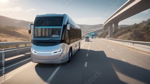 Unmanned bus driving on a highway through mountainous terrain. photo