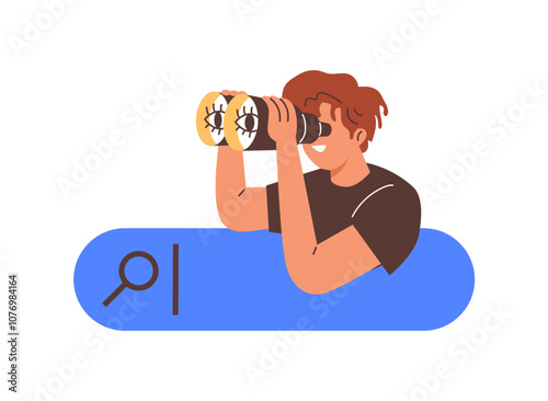 A vector illustration showing a curious young guy with binoculars browsing the Internet