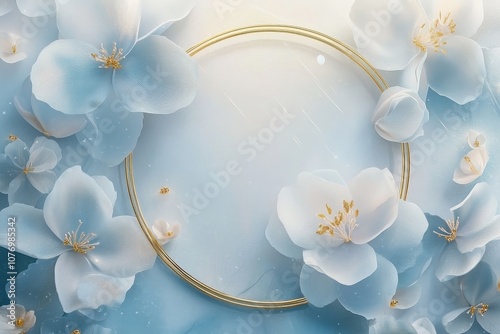 Wallpaper Mural A luxurious, floral-themed digital design with soft blue and white flowers surrounding a round, golden frame. Torontodigital.ca