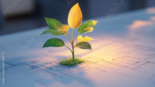 A vibrant sprout with yellow leaves emerges from a blueprint, symbolizing growth and innovation in design and nature's resilience.