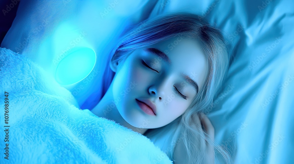 A serene young girl sleeping peacefully under soft blue lighting. A serene young girl sleeping peacefully under soft blue lighting.