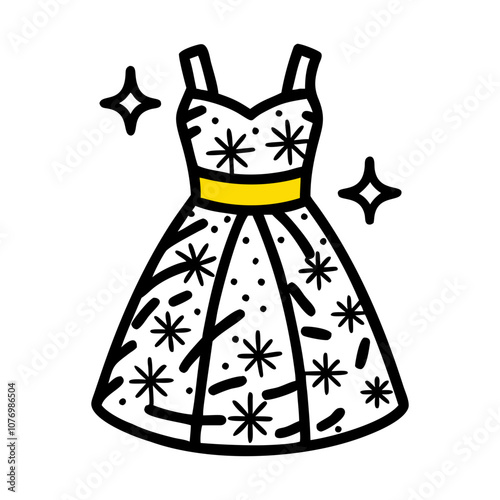 Stylish black and yellow doodle art icon of a sparkly dress for festive New Year’s parties