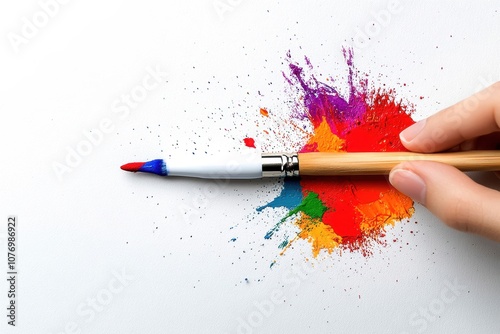 A hand holding a paintbrush with vibrant colors splashed across a white background, symbolizing creativity and artistic expression. photo